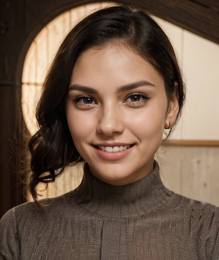 "Generate an image of a young woman with the following facial features - **Facial expression**: happy, with a wide smile that reveals marked dimples on his cheeks.
- **Face Shape**: Oval, with slightly defined jaw and rounded cheeks.
- **Skin color**: clear and smooth.
- **Cheeks**: soft, with visible dimples when he smiles.
- **Eyes**: medium size, dark colored, with slightly almond shape and short eyelashes. The eyes have a lively and friendly look.
- **Eyebrows**: thin, arched and well defined, with a uniform thickness.
- **nose**: small, Straight and proportionate to the face.
- **lips**: average size, well outlined, with a natural tone. The lips are slightly curved upwards in a genuine smile.
- **Teeth**: aligned teeth, visible due to wide smile; the young woman wears braces.
- **Hair**: Varies between short, smooth and dark, falling slightly over one eye; and large, wavy and dark, softly framing your face.(black dark hair)
- **accessories**: Small round earrings.