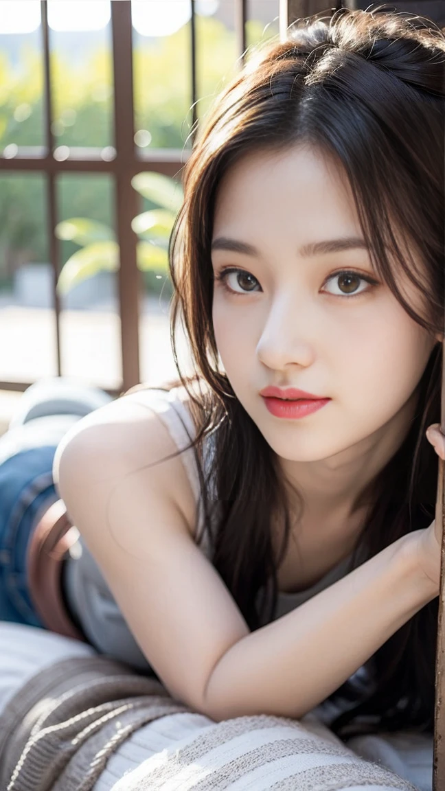 masterpiece, best quality, Surreal, Ultra Detailed, 8k resolution, RAW photos, Clear focus, (A girl in the forest), ((light gray shirt)), sleeveless, sports Shorts,Charming pose, Solitary, Perfect body, Become a, Bangs to eyebrows、Beautiful brown hair、Beautiful and delicate eyes、Brown eyes、Raise an eyebrow、Bangs to eyebrows、Beautiful brown hair、Beautiful and delicate eyes、Brown eyes、Raise an eyebrow、High Nose、Small nostril、Little mouth、Tempting lips、Mouth slightly open、Beautiful breasts、Full body、Oval face,Phoenix Eyes,Eyebrow, Both eyes, Both eyes皮, Long eyebrows, Long eyelashes, A faint smile,
32 inches in the chest,(a charming smile:1), (sexy pose),26 years old, light,White shoes