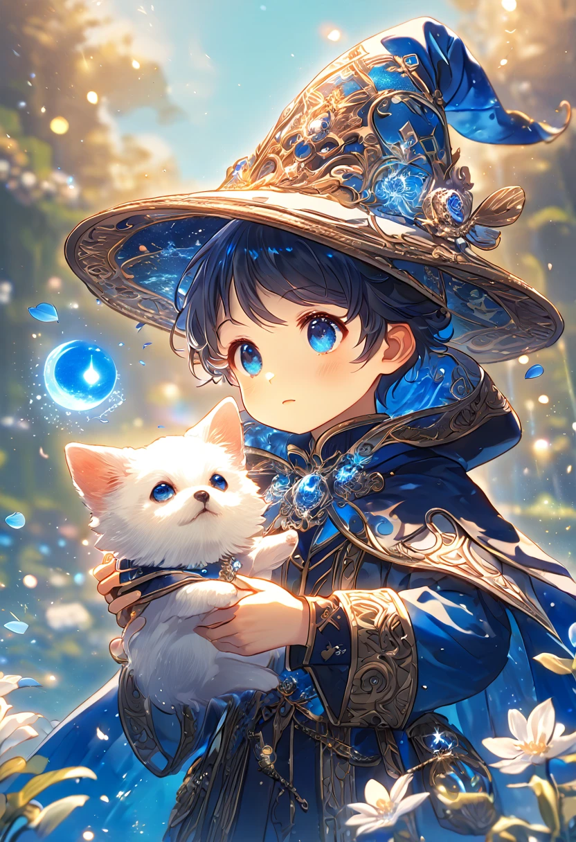 absurdres, highres, ultra detailed, HDR, master piece, small dog, white dog, expressive blue eyes, magical hat, cute, best quality, blue moon, flowers, fantasy, magical, solo, water, blue shining fireflies, blue petals, cape,