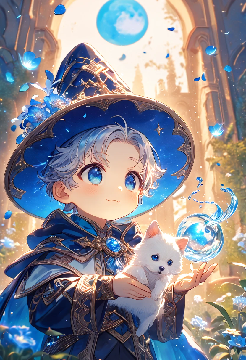 absurdres, highres, ultra detailed, HDR, master piece, small dog, white dog, expressive blue eyes, magical hat, cute, best quality, blue moon, flowers, fantasy, magical, solo, water, blue shining fireflies, blue petals, cape,