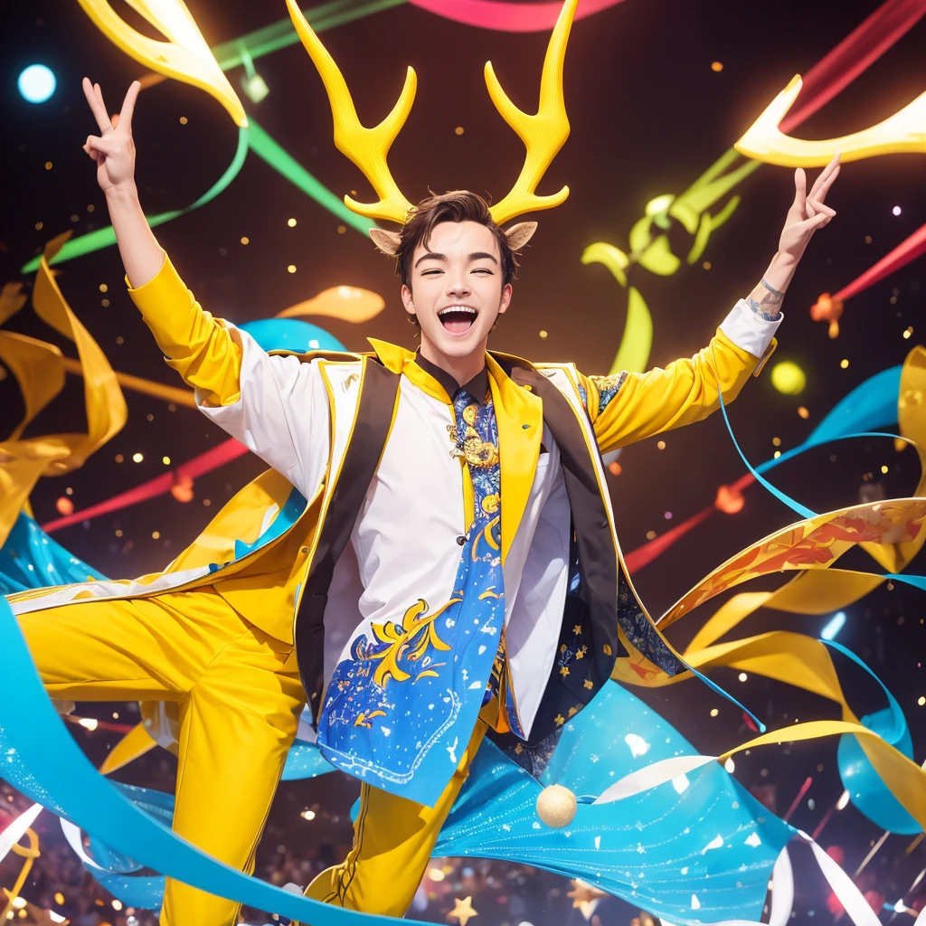 Create an image of a lively and charismatic man representing an MBTI entertainer (ESFP) type. He is wearing a bright yellow outfit that showcases his sociable and energetic nature. He has playful deer antlers growing from his head, adding a whimsical and entertaining touch to his appearance. The background should be a vibrant and festive setting that reflects his love for excitement and being the center of attention.