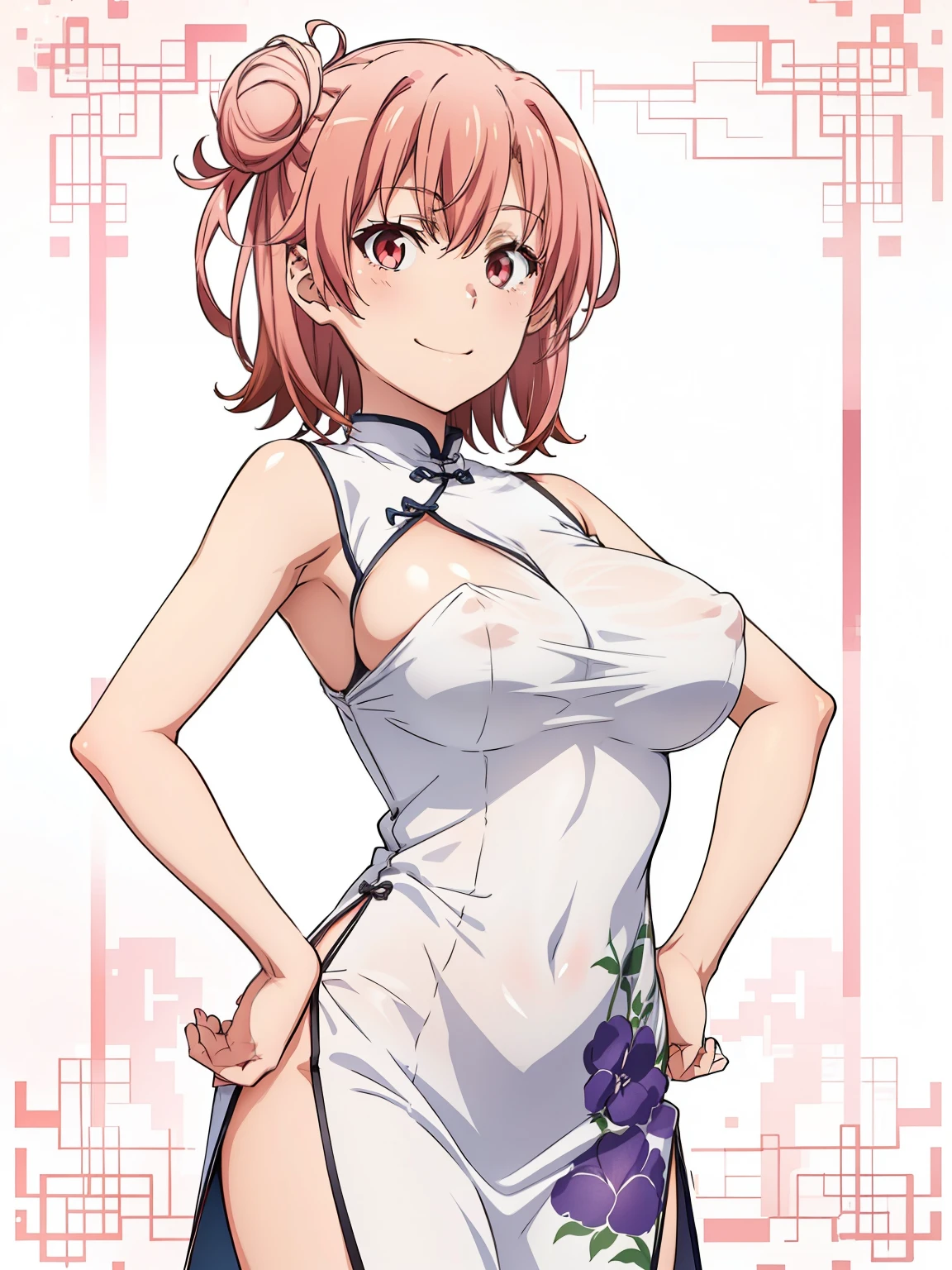 ((masutepiece, Best Quality, hight resolution, nffsw, Perfect Pixel, depth of fields, 4K, )), 1girl in, Solo, , Beautiful anime girl, Beautiful Art Style, close up, Looking at Viewer, Perfect body, Yuigahama Yui, Short hair, pink hair, twin hairbuns, (large boob), smiling, see through white chinese dress, breasts, nipples, hands on hips, blank white background, cowboy shot