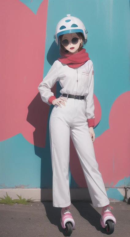 short woman, (ultra detailed,ultra high res,detailed background),((2D)),((flat color)),((muted color)),((floating neon)),1girl,solo,looking at viewer, spray paint, graffiti, girl in a white fencing suit, long plush scarf, full body image, adult woman, anatomically perfect face, face in focus, symmetrical face, ((rollerskates)), wearing a 1950's scifi helmet with a visor, big sunglasses
