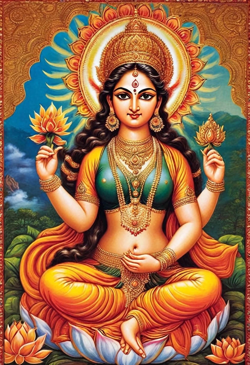 "Depict Goddess Durga's breasts forming from the energy of Chandra, symbolizing nourishment and compassion."