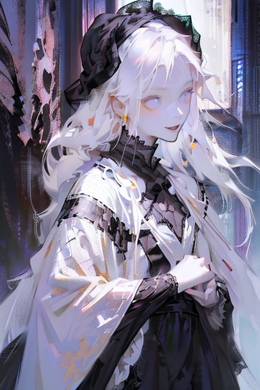 (black lace dress, pantyhose :1.3),Cute 18 yo (albino:1.4)woman of Slavic descent.(short:1.1), long white hair, gray eyes, ((very pale:1.4)). Innocent look. Gentle spirit.(virgin),((smile)).Masterpiece, best quality(highly detailed:1.2),(detailed face and eyes:1.2), depth of field, 8k wallpaper, studio lighting, core shadows, high contrast, bokeh.