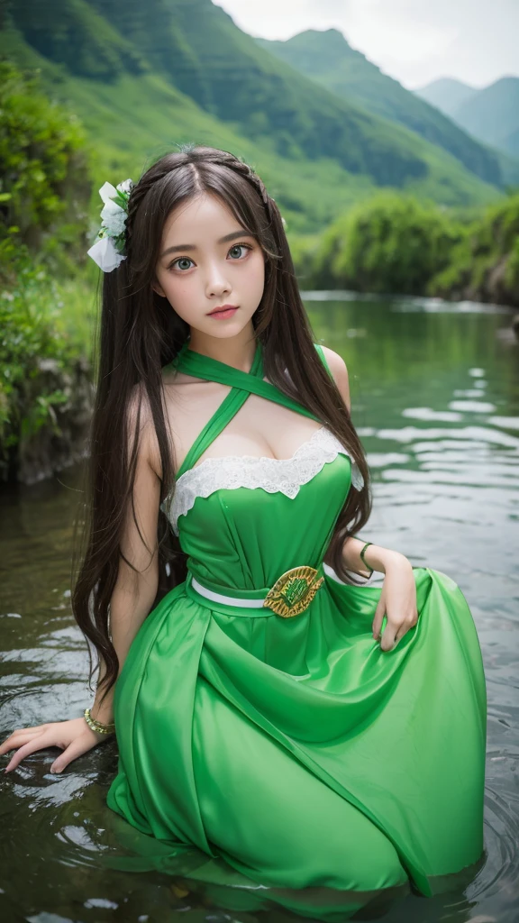 Costumes, Long Hair, girl, Big eyes, Green Mountain々and green water,