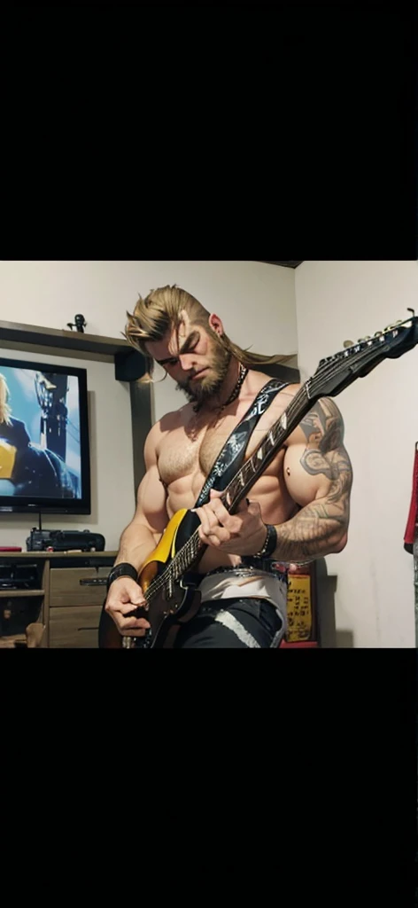 肌肉男,blonde 35 years old dark blonde beard playing black guitar ,shiny muscles, Well defined demonic look fire on back ,arte ultra realista