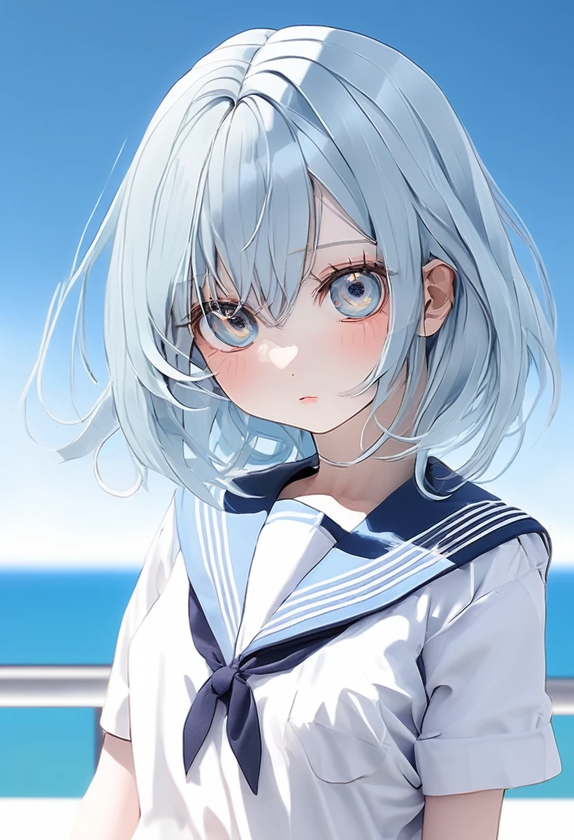 Highest quality,Highest quality,16K,Unbelievably absurd,Very delicate,2.5d,delicate and dynamic,blue sky,Small face,Very delicateな表情,Delicate eye depiction,Upper body close-up,Only sexy women,Healthy woman,16-year-old female,Sailor suit,Height: 160cm,Light blue bob hair,Sexy long legs,mini skirt