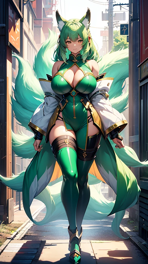 one woman, kitsune girl, kitsune ears, 9 tails, vivid green hair, strong, firm body, thick thighs, big breasts, muscular arms, cyan armor, sfw, sexy, full body, masterpiece, highly detailed, shiny armor, latex, tall women, busty