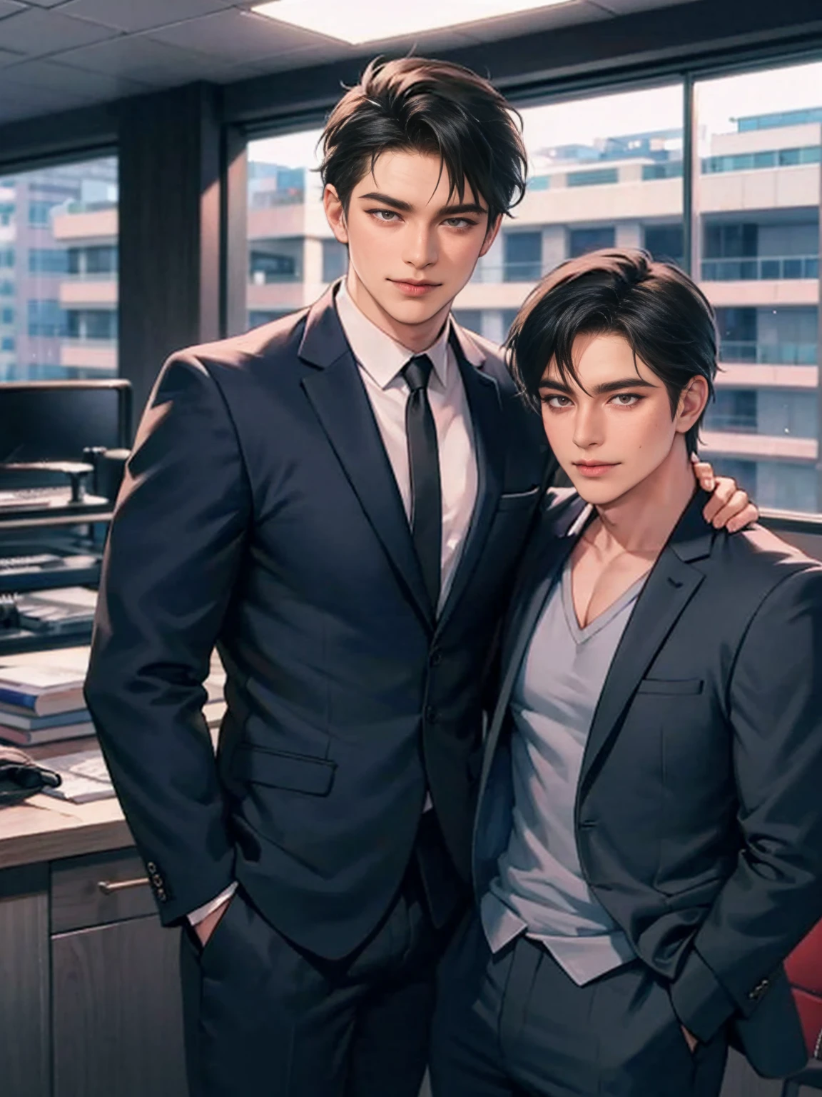 The protagonist talks to a man in a business suit with long black hair, Actor smiles,The picture is pleasant, Five luxurious offices
