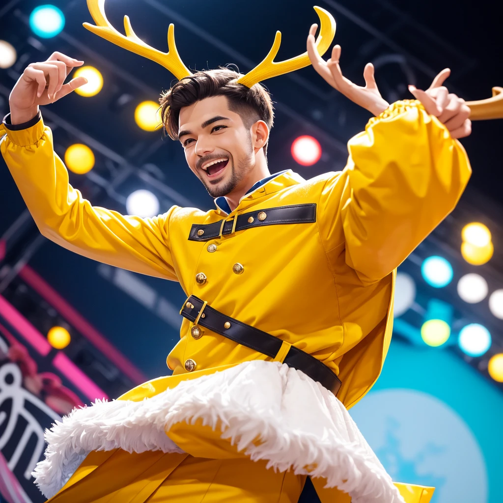 Create an image of a lively and charismatic man representing an MBTI entertainer (ESFP) type. He is wearing a bright yellow outfit that showcases his sociable and energetic nature. He has playful deer antlers growing from his head, adding a whimsical and entertaining touch to his appearance. The background should be a vibrant and festive setting that reflects his love for excitement and being the center of attention.