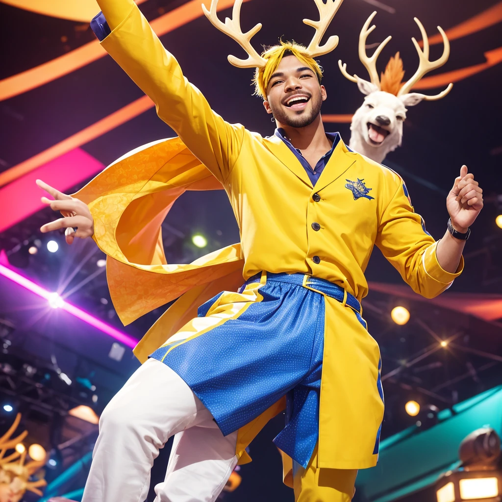 Create an image of a lively and charismatic man representing an MBTI entertainer (ESFP) type. He is wearing a bright yellow outfit that showcases his sociable and energetic nature. He has playful deer antlers growing from his head, adding a whimsical and entertaining touch to his appearance. The background should be a vibrant and festive setting that reflects his love for excitement and being the center of attention.