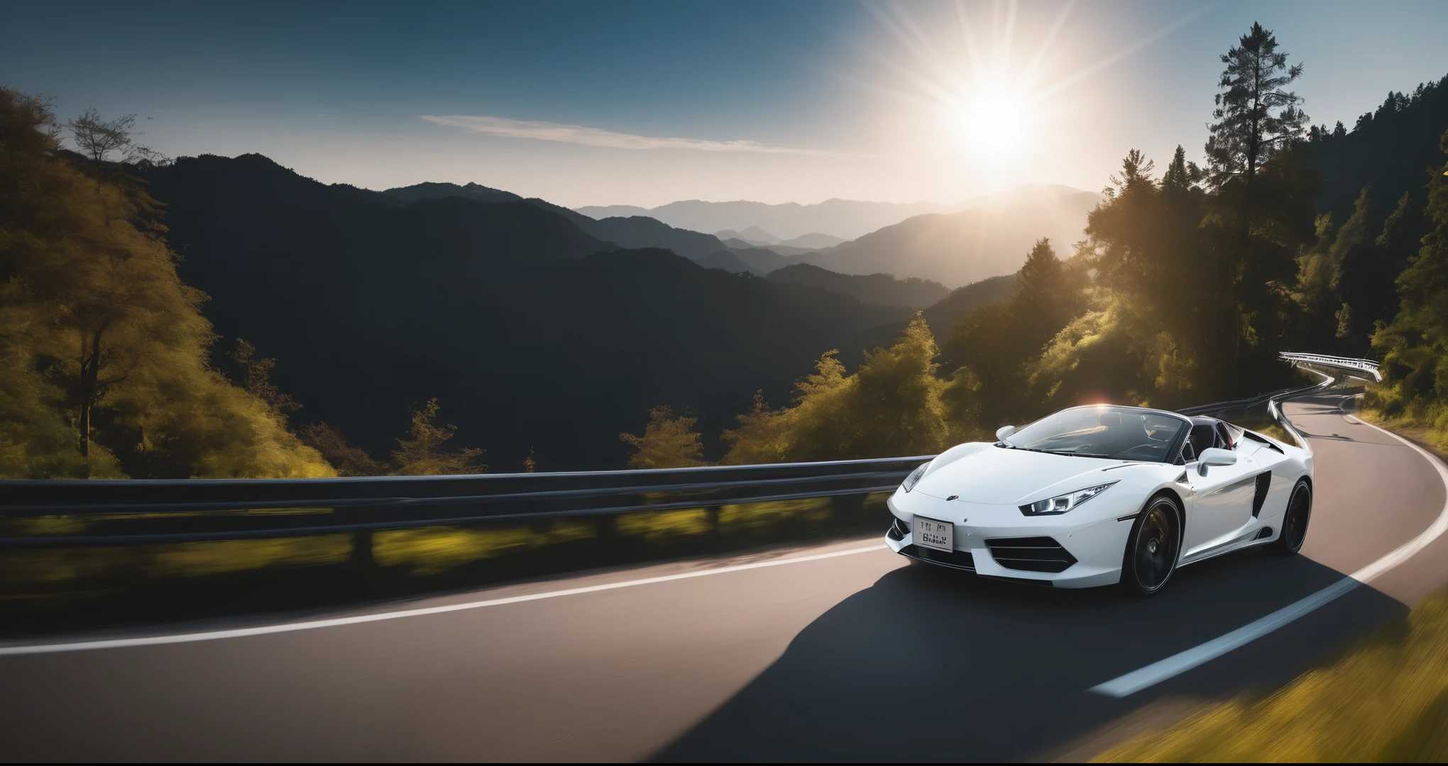 A white car,Driving on the road,detail强化,blur background/Bokeh,Bright with natural light,Ray Tracing,Sky,红色晚霞Sky背景,forest,Hill in the distance,Highly detailed environments,Low depth of field,HD,detail,8K,lens flare,Sunlight,
