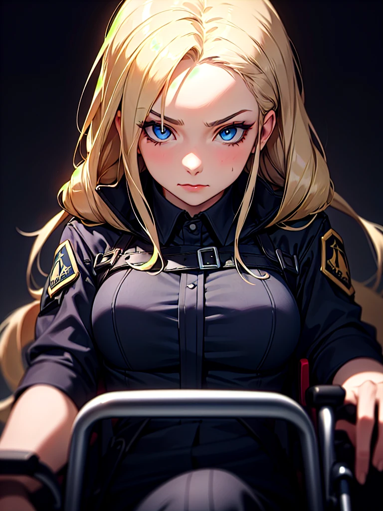 ((Portrait)), She has a Strong and Determined Appearance, with a Nordic Charm, Fair Skin, and a Slim Build. She Expresses a Focused and Resolute Look, Giving Off a Confident Attitude. She has Blue Eyes, Her Hair is Long and Straight, Platinum Blonde, Styled in Braided Bangs with Strands Falling Over Her Forehead. She Wears a Fitted Dark Police Shirt with a Tactical Straps, and is Always Seen in a Sleek, Modern Wheelchair. ((Portrait, HDR, Dark Background))