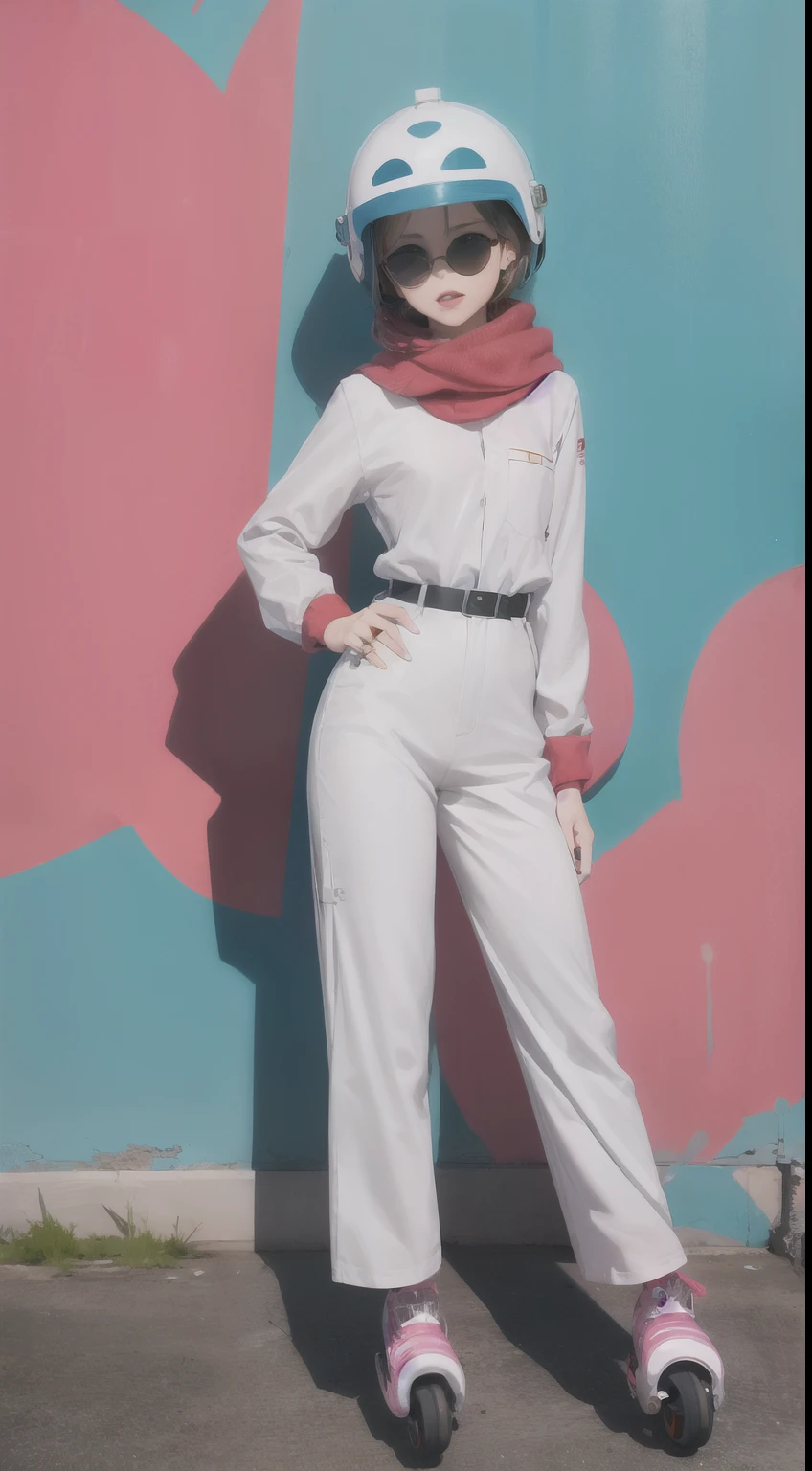short woman, (ultra detailed,ultra high res,detailed background),((2D)),((flat color)),((muted color)),((floating neon)),1girl,solo,looking at viewer, spray paint, graffiti, girl in a white fencing suit, long plush scarf, full body image, adult woman, anatomically perfect face, face in focus, symmetrical face, ((rollerskates)), wearing a 1950's scifi helmet with a visor, big sunglasses