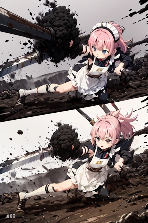 ((Ultra-high resolution:1.6))((super high quality:1.6))((detailed:1.6)(Attention to detail:1.4), (Ultra-high resolution:1.6)
One girl, cute, Small breasts, White skin, Pink Hair, Classic maid outfit, Normal collar, Leading the way, Sword and Magic, Burning Battlefield, Fierce Battle, Intense Combat, Fighting with a two-handed sword, Dissecting, Large sword, Confronting a formidable opponent, There are scratches or stains, (戦闘でTorn clothes1.6), (Torn clothes:1.4), (Apron torn to shreds:1.6), (Shabbyのメイド), Mud stains all over the body, Burnt and charred, (Shabbyのエプロン:1.4), (Soot stains:1.6), (Covered in mud:1.6), A torn apron, Shabbyのエプロン, Apron that looks like it's about to tear, Slashed Apron, Shabbyで戦っている, (The whole body is dirty:1.4), (エプロンにCovered in mud, Dirt all over the body:1.4), Blown away, (Slash marks, Shabby, Muddy, Covered in soot, :1.4)