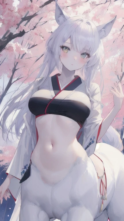 (best quality, masterpiece), 1 girl, centaur, It takes, White skin, Japanese  , exposing the abdomen,belly button t-shirt, beautiful girl perfect wolf photo, perfect wolf photo