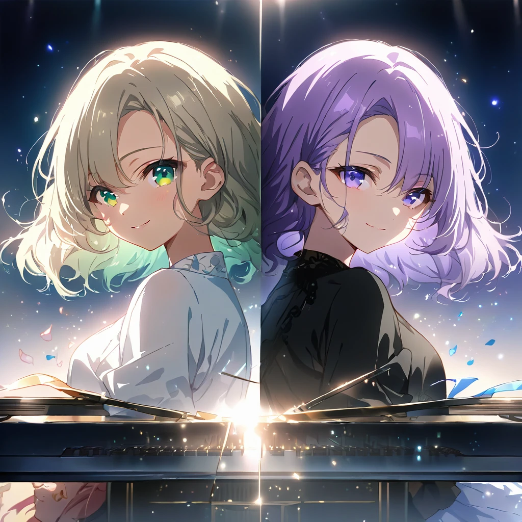 (masterpiece:1.3), anime visual, extremely delicate face, soft clean focus, realistic lighting and shading, (an extremely delicate and beautiful art:1.3),
Two girls,from side,look at viewer, one piano, duet, one girl with pale purple hair and green eyes, other girl with silver hair and blue eyes, smiling,