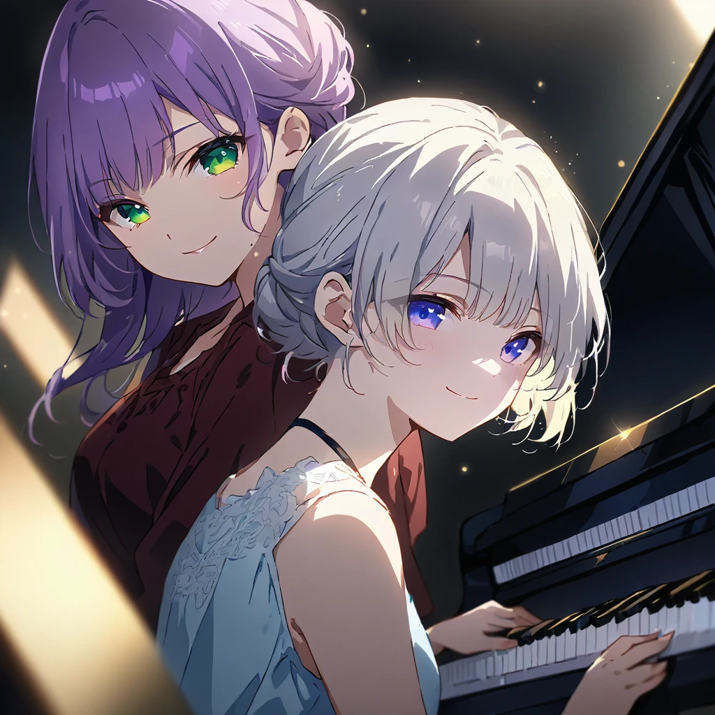 (masterpiece:1.3), anime visual, extremely delicate face, soft clean focus, realistic lighting and shading, (an extremely delicate and beautiful art:1.3),
Two girls,from side,look at viewer, one piano, duet, one girl with pale purple hair and green eyes, other girl with silver hair and blue eyes, smiling,