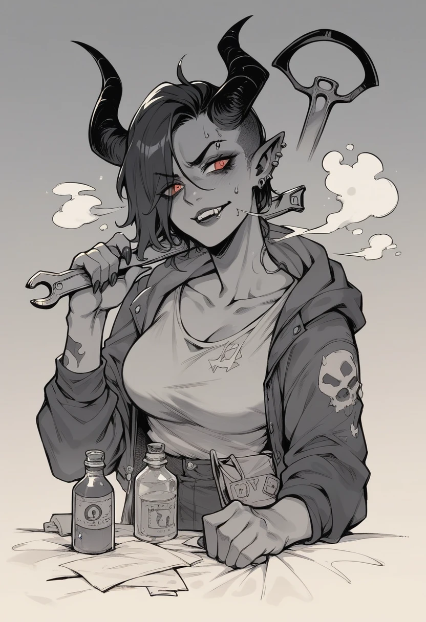 em estilo d&d, A woman with demon horns, she is an inventor. It has a steam punk look., has a bottle of chemical component in hand, and a wrench in the other