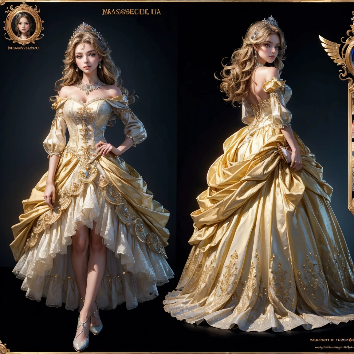 (masterpiece, highest quality:1.5), ultra detailed, high resolution, 16k, the most beautiful face in the world, highly detailed beautiful face and eyes, shiny skin, fine cloth texture, BREAK, (gorgeous and stunning princess:1.3), loving look, full of elegance. (full body:1.5), (three view drawing, front and back and side, character sheet:1.3)