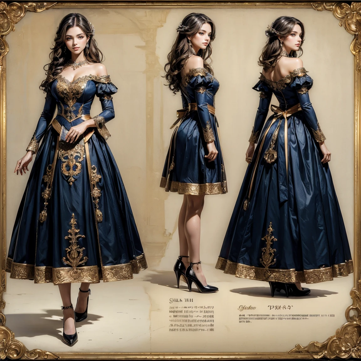 (masterpiece, highest quality:1.5), ultra detailed, high resolution, 16k, the most beautiful face in the world, highly detailed beautiful face and eyes, shiny skin, fine cloth texture, BREAK, (gorgeous and stunning princess:1.3), loving look, full of elegance. (full body:1.5), (three view drawing, front and back and side, character sheet:1.3)