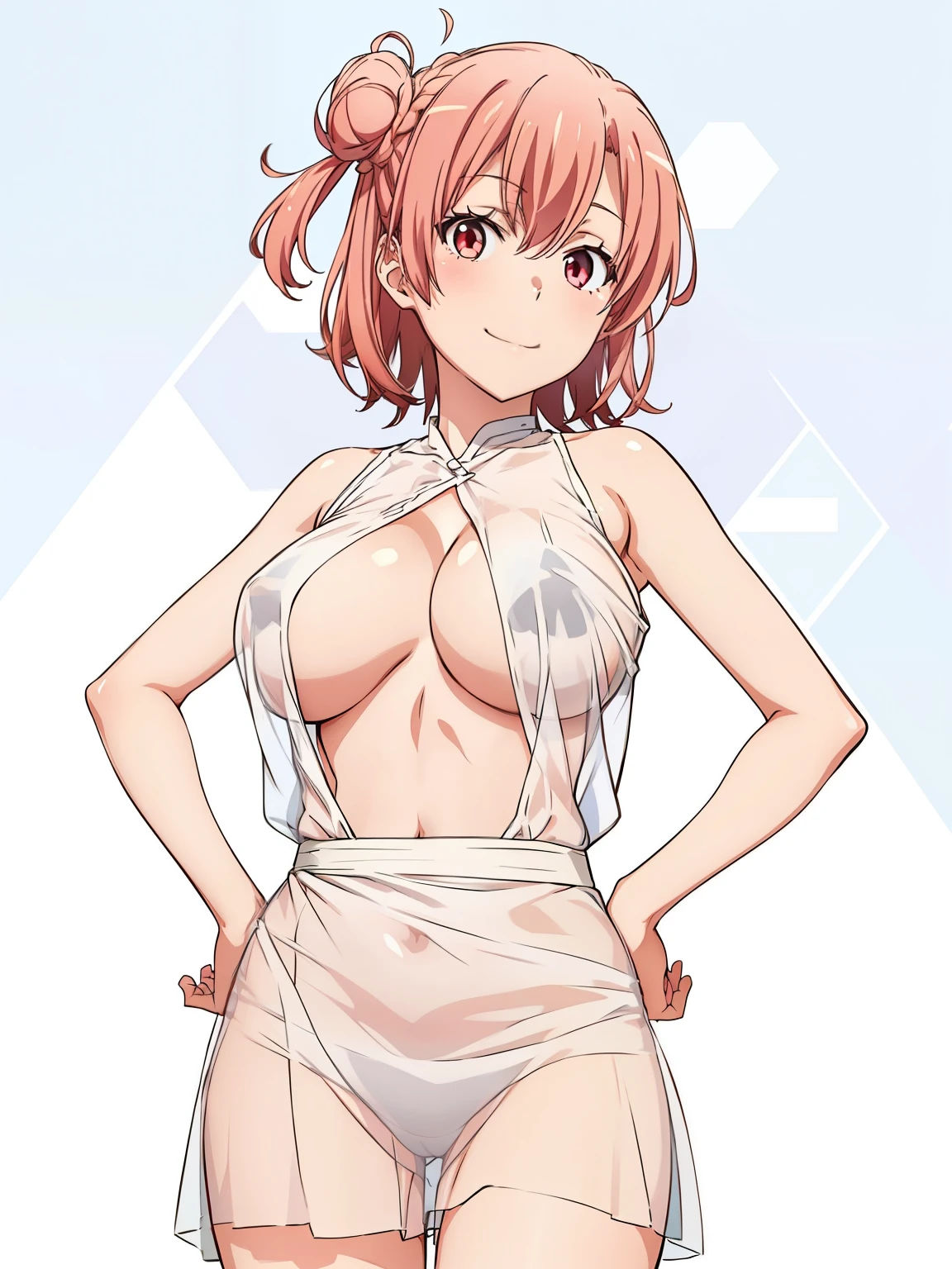((masutepiece, Best Quality, hight resolution, nffsw, Perfect Pixel, depth of fields, 4K, )), 1girl in, Solo, , Beautiful anime girl, Beautiful Art Style, close up, Looking at Viewer, Perfect body, Yuigahama Yui, Short hair, pink hair, hairbun, hair braid, (large boob), smiling, see through white dress, breasts, nipples, hands on hips, blank white background, cowboy shot