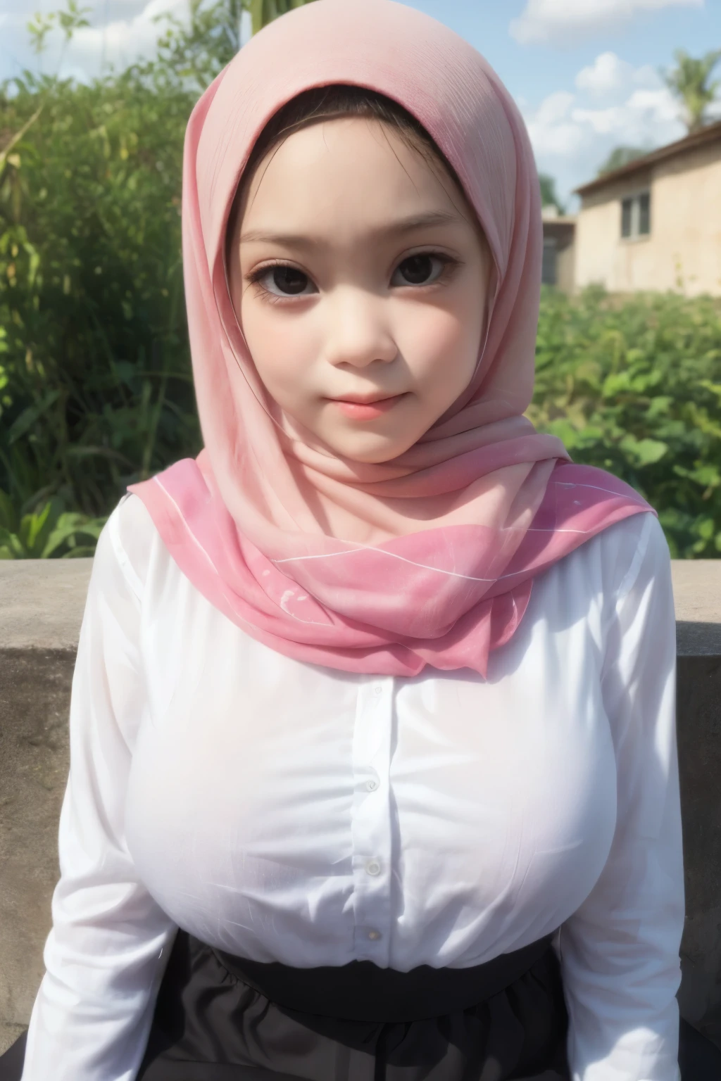 adorable, 1 girl, (face to face), , baby face, happy, half body portrait, (face details: 1), (eye details:1), ((big breasts)). wearing transparent transparency long shirt, .. Cute posed. proportional body. Ultra High Res. realistic: 1.4, UHD, hijab , lace