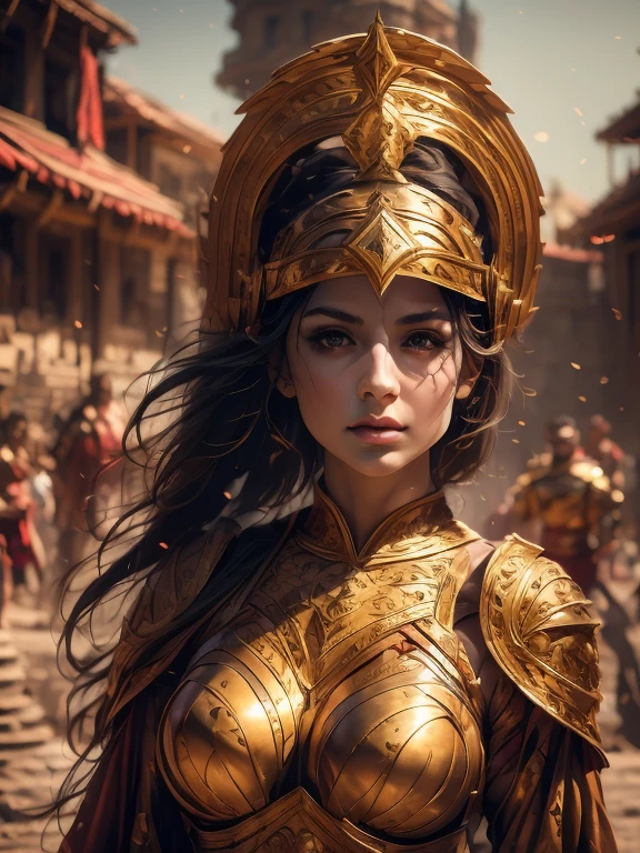 beautiful warrior woman in golden greek armor, porfect human face detailed, Jet black hair, hoplite helmet, muscular, huge  breasts, I look at the viewer, foreground, model photo poses, work of art, best qualityer, 8K, nblurry background, medieval fantasy castle in the background