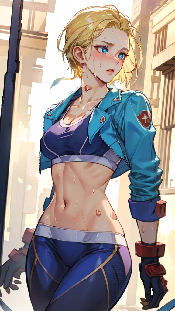 ((((masterpiece, best quality, high resolution)))), Extremely detailed 8K, 1 female, (Cammy White) wearing her Cammy White outfit, (Ultra HD, Ultra-detailed, Highly detailed, Highly realistic, Ultra-realistic, photograph realistic), (1girl:1.5), (Realistic short blond hair), (dynamic poses), facing at camera, looking at viewer, (a serious focus face), (regular blue eyes, sharp eyes), (perky breasts:1.2), (beautiful detailed face, beautiful detailed eyes), ((slightly sweating)), (preparing for a workout), sweat, glow, (sunbeam, sunlight), ((cowboy shot)), streets background, seductive, EnvyBetterHands LoCon,
