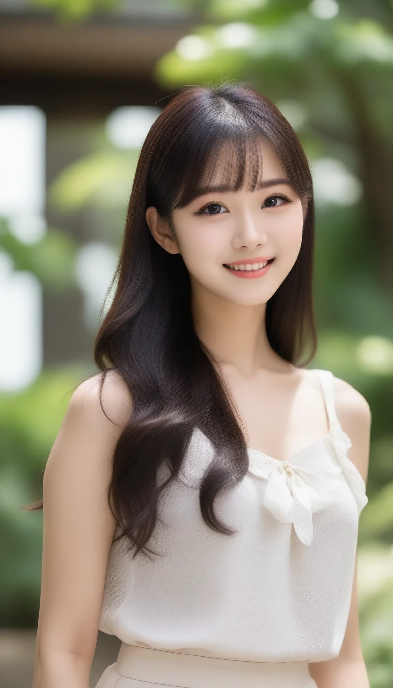 8K, Ultra-high resolution, Highest quality, masterpiece, 三分割法によるphotograph,Surreal, photograph, 1 Girl, (16 years old:1.3), pretty girl, Cute face, Beautiful eyes in every detail, 細かくdetailedに,masterpiece,, One Girl:1.2, Japan Female Announcer,whole body、Black Hair、well-groomed eyebrows、Cute Lip Makeup,garden,erupt,summer,Shining sunlight,Blouse with collar,Pencil Skirt,Cute gestures、so beautiful,A carefree smile,Heal the heart,Blunt bangs,Looking at the audience、beauty,Long neck、Laugh a little、Please close your mouth and laugh、(((Ideal body type))),A cup small breasts :2,、Portraiture:2、Perfect Anatomy、鮮明なdetailed、detailed、Surreal、Light and shadow,Strong light