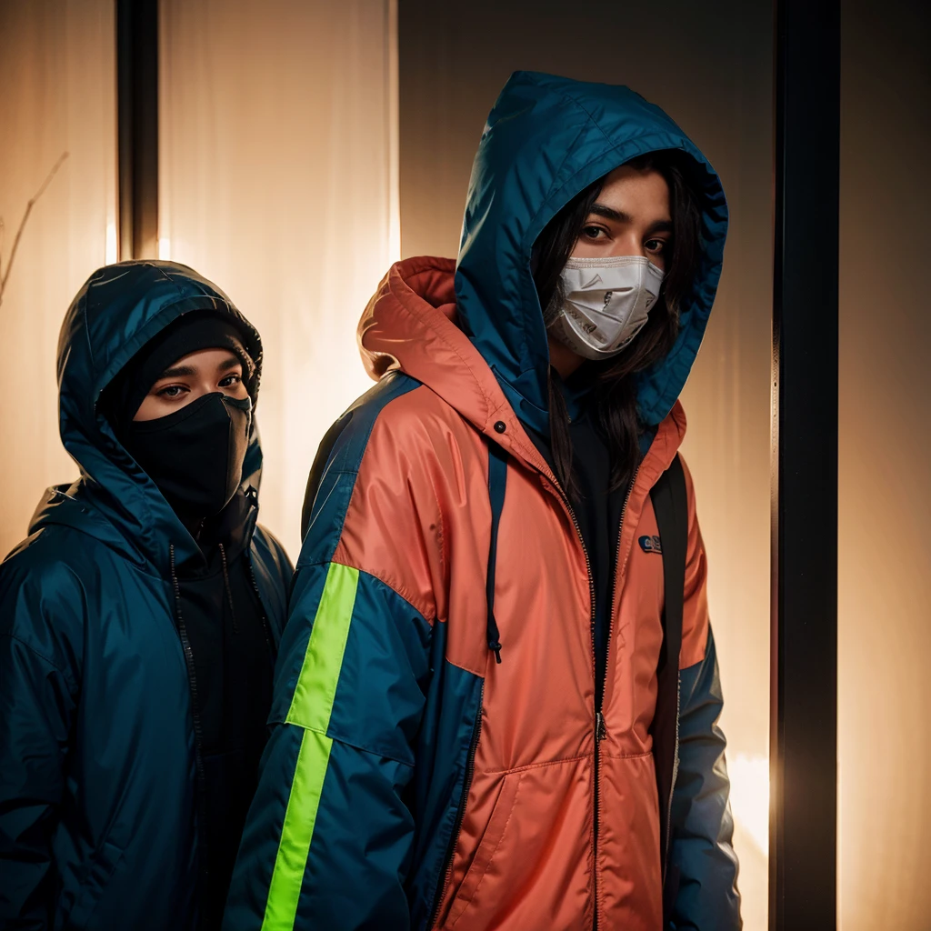 tree masked hooded young men color coridor neon liminal space cold light tamisé