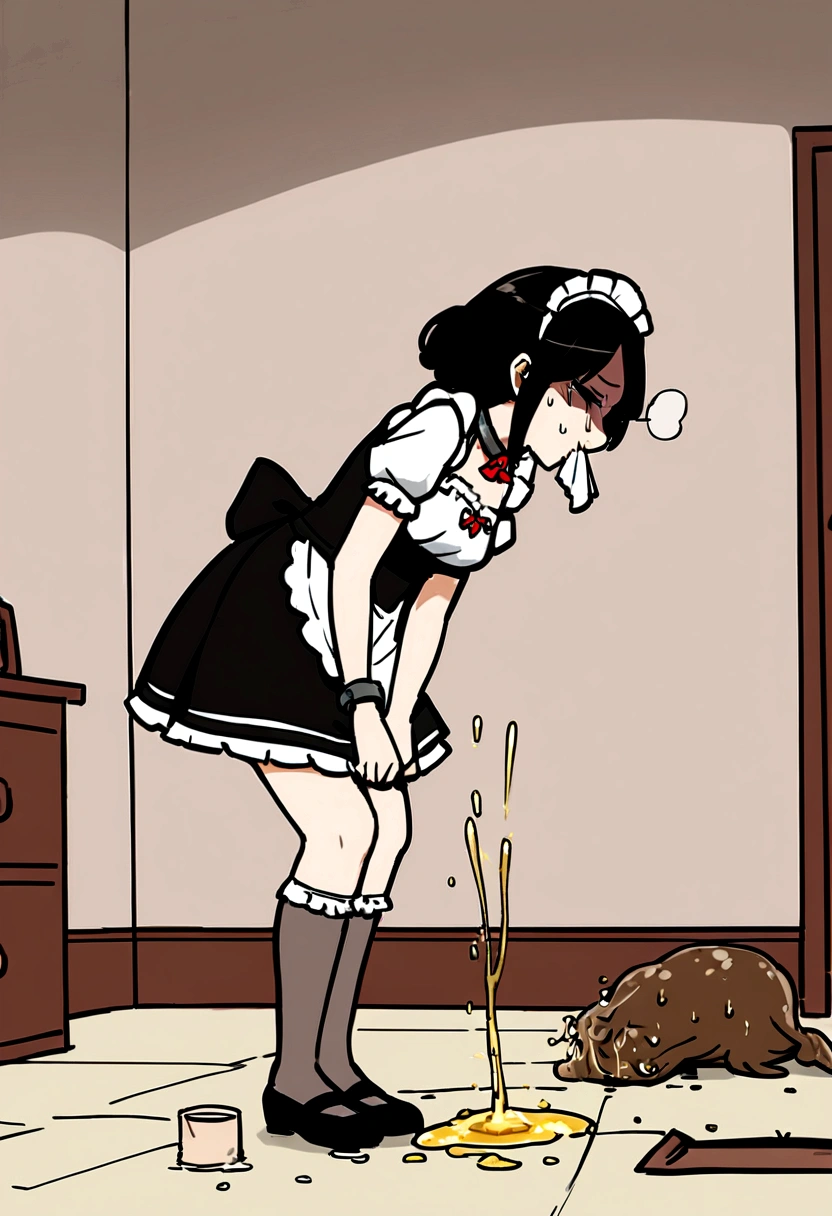 Anime, girl, cute girl, slave, maid, maid uniform, shoes, slave collar, shackles, cold, runny nose, nasal mucus, snot, snot from the nose, handkerchief, you need to sneeze, sneeze yourself, sneeze snot from your nose, desperately want sneeze, cover your nose with your right hand, urinary incontinence, peed, need to pee, pee yourself, pee, pee yourself, cry, really desperately want to pee, ????, diarrhea, crap yourself, need to poop, need to poop, poop in your panties, poop yourself, poop, sneeze, pee and pee yourself: 1.3), desire to sneeze, desire to pee, desire to poop tightly covering the perineum, knees together, feet apart: 1.6), (hand between legs, leaning forward: 1.3), (shaded face, despair, anxiety, sigh, full face flush, embarrassment, looking away: 1.5), (girl can't stand up straight: 1.5), full body, (ultra detailed face, best quality: 1.5), ( from the side), standing, living room, full height. Pee on the floor and pooped on the floor