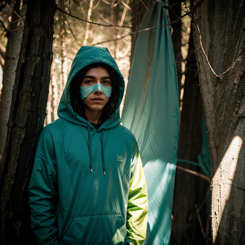 tree masked hooded young men color coridor neon liminal space cold light tamisé