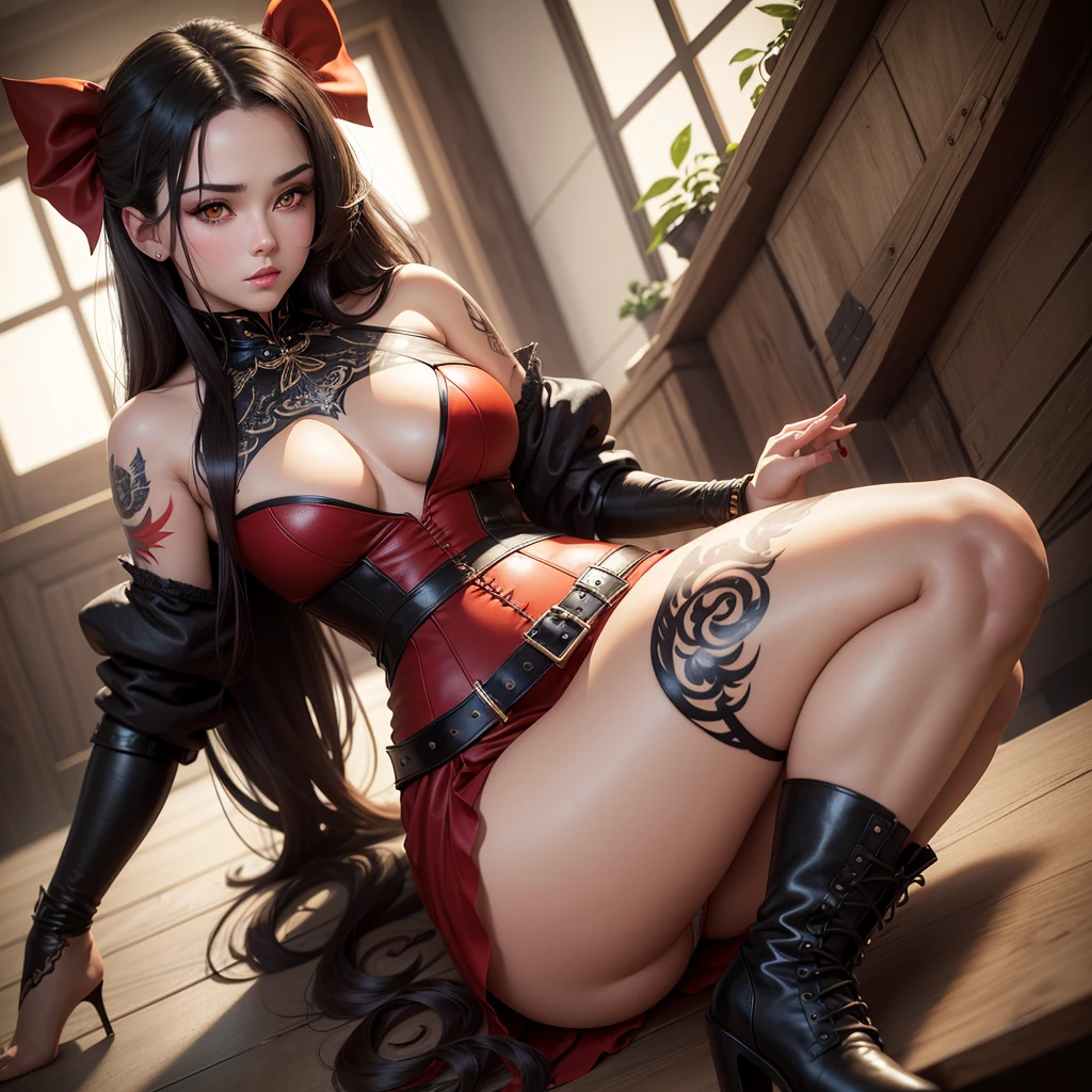 A woman sitting looking to the side, better quality and resolution, dark hair with a bow at the back, yellow eyes, sexy white and red clothes, small breasts, thick and large thighs, black boots And tall, long black tattoos on arms, red eyes, sexy dragon clothes detailed, best quality, resolution, detailed photo, solo girl