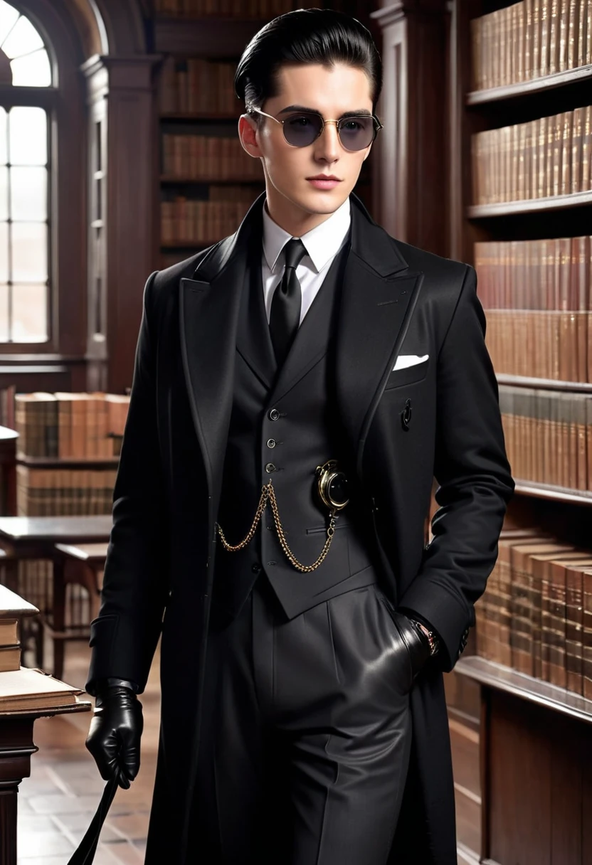 A handsome pale 21-year old man with gray hunter eyes and slick-back black hair. His expression is neutral, and he has sharp, chiseled features. His hair is neat and meticulously styled. He is dressed in a dark academia style: a long, tailored black coat with a high collar, over a well-fitted three-piece black suit consisting of a crisp white dress shirt, a black waistcoat, and a slim black tie. He wears polished black leather oxford shoes and black leather gloves with subtle stitching. A vintage-style pocket watch with a brass chain hangs from his waistcoat pocket. He sports sleek, modern black sunglasses that add a touch of mystery. He carries a leather-bound journal with an antique look. The background features an atmospheric blend of old libraries and mysterious, time-worn architecture, emphasizing his scholarly yet enigmatic appearance.