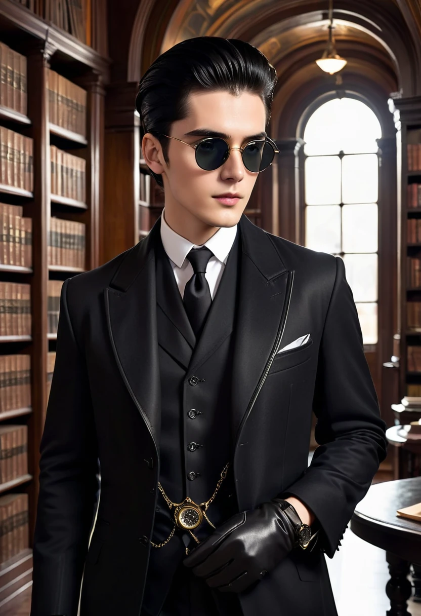A handsome pale 21-year old man with gray hunter eyes and slick-back black hair. His expression is neutral, and he has sharp, chiseled features. His hair is neat and meticulously styled. He is dressed in a dark academia style: a long, tailored black coat with a high collar, over a well-fitted three-piece black suit consisting of a crisp white dress shirt, a black waistcoat, and a slim black tie. He wears polished black leather oxford shoes and black leather gloves with subtle stitching. A vintage-style pocket watch with a brass chain hangs from his waistcoat pocket. He sports sleek, modern black sunglasses that add a touch of mystery. He carries a leather-bound journal with an antique look. The background features an atmospheric blend of old libraries and mysterious, time-worn architecture, emphasizing his scholarly yet enigmatic appearance.