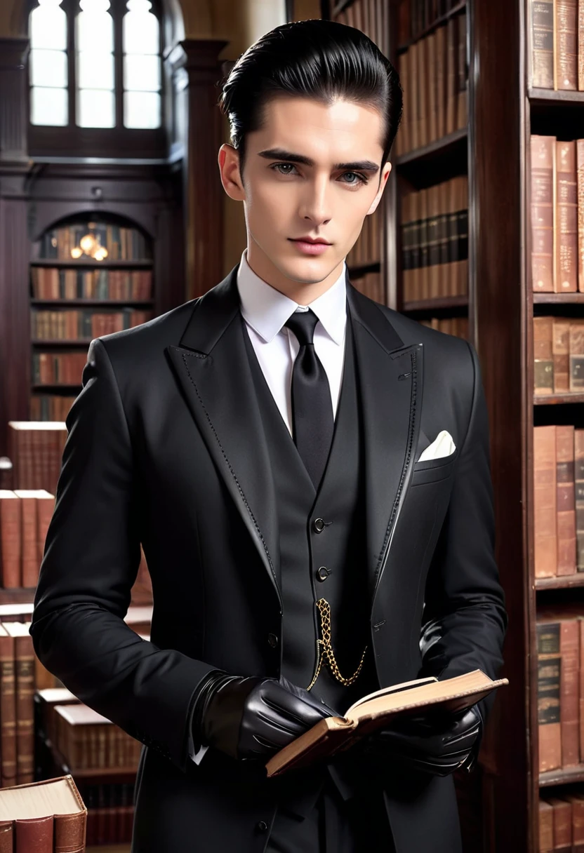 A handsome pale 21-year old man with gray hunter eyes and slick-back black hair. His expression is neutral, and he has sharp, chiseled features. His hair is neat and meticulously styled. He is dressed in a dark academia style: a long, tailored black coat with a high collar, over a well-fitted three-piece black suit consisting of a crisp white dress shirt, a black waistcoat, and a slim black tie. He wears polished black leather oxford shoes and black leather gloves with subtle stitching. A vintage-style pocket watch with a brass chain hangs from his waistcoat pocket. He sports sleek, modern black sunglasses that add a touch of mystery. He carries a leather-bound journal with an antique look. The background features an atmospheric blend of old libraries and mysterious, time-worn architecture, emphasizing his scholarly yet enigmatic appearance.