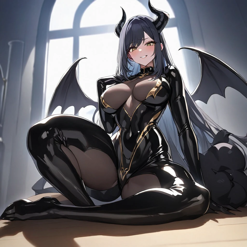 ((Highest quality)), ((masterpiece)), (detailed), （Perfect Face）、The woman is Akane Kurokawa, with blue bob hair and a shiny black full-body suit decorated with gold. She is a sexy girl with jet-black skin.、The woman is a jet-black female demon with impressive devil horns, jet-black devil wings, and a jet-black tail. Her skin is jet-black and she is looking at the camera with a happy expression.