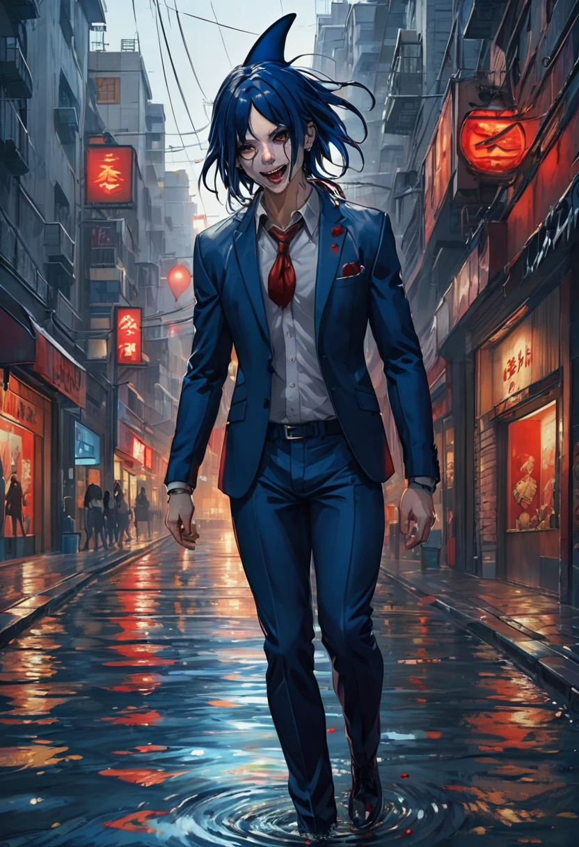 dark blue hair, hair over one eye, wet hair, cornrows, rolling eyes, bloodshot eyes, red eyes, clenched teeth, fangs, Surrealism, Hyperrealism, anime style, panorama, cinematic lighting, backlighting, 8k, super detail, UHD, masterpiece, accurate, anatomically correct, textured skin, super detail, high details, high quality, award winning, best quality, highres
"A man with shark-like skin in a rundown urban setting."