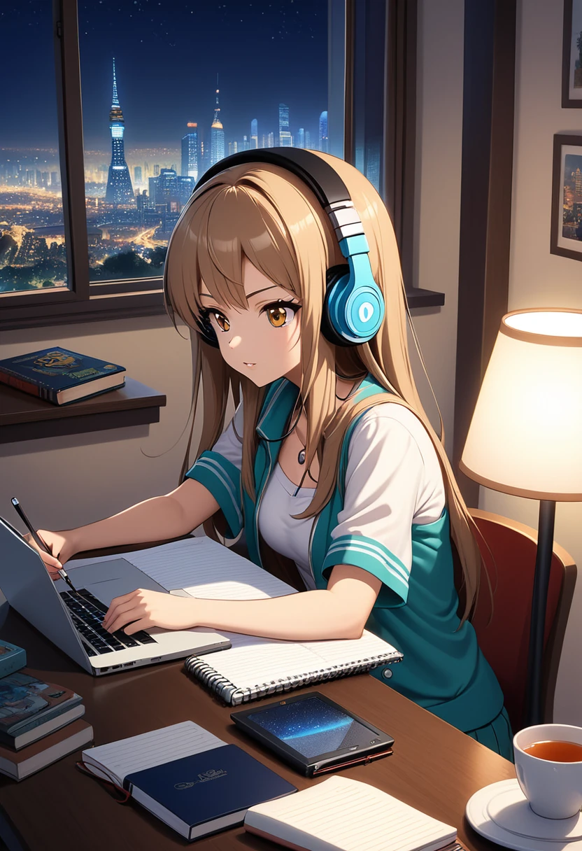 Kizi, 20 year, light brown hair, short, eyes browns, estilo rebelde, Wearing Headphones, writing in notebook on your study table, next to a large window, with a view of the illuminated city `the night. in the bedroom, lighting from a table lamp, with 2 books, an open laptop and a cup of tea.