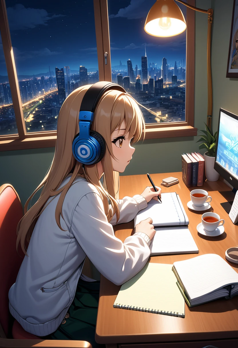 Kizi, 20 year, light brown hair, short, eyes browns, estilo rebelde, Wearing Headphones, writing in notebook on your study table, next to a large window, with a view of the illuminated city `the night. in the bedroom, lighting from a table lamp, with 2 books, an open laptop and a cup of tea.