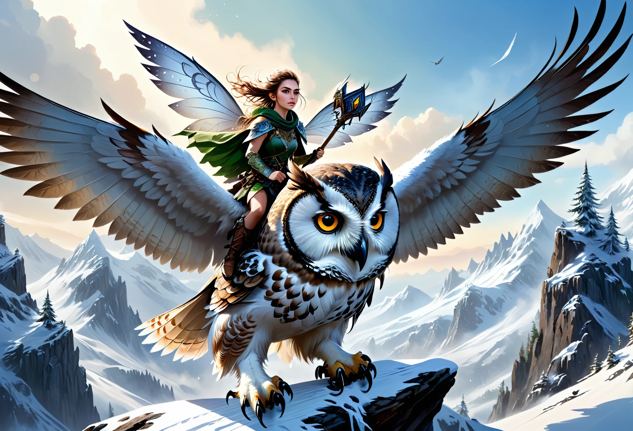 hyper-realistic digital painting, very detailed faces, fae aesthetic, a small mountain fairy flying on the back of a giant owl, snowy mountain scene, riding to war, armed with a warhammer