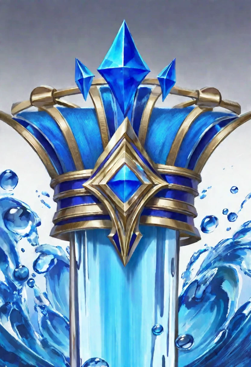 an extremely detailed blue crown made of water with a spear with a large blue blade behind the crown