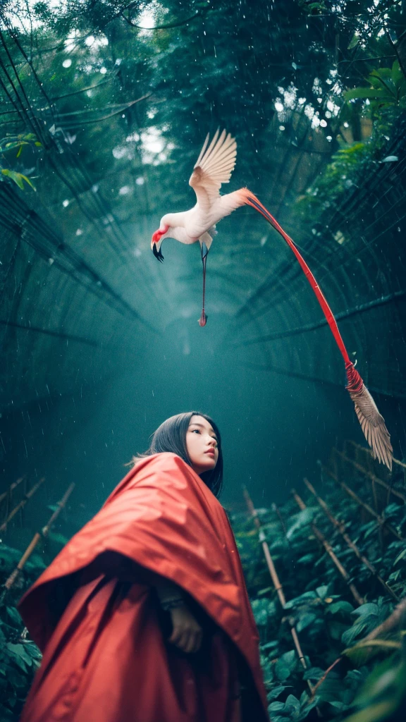 ((crane))、bird、Rainy Sky、1girl,from below