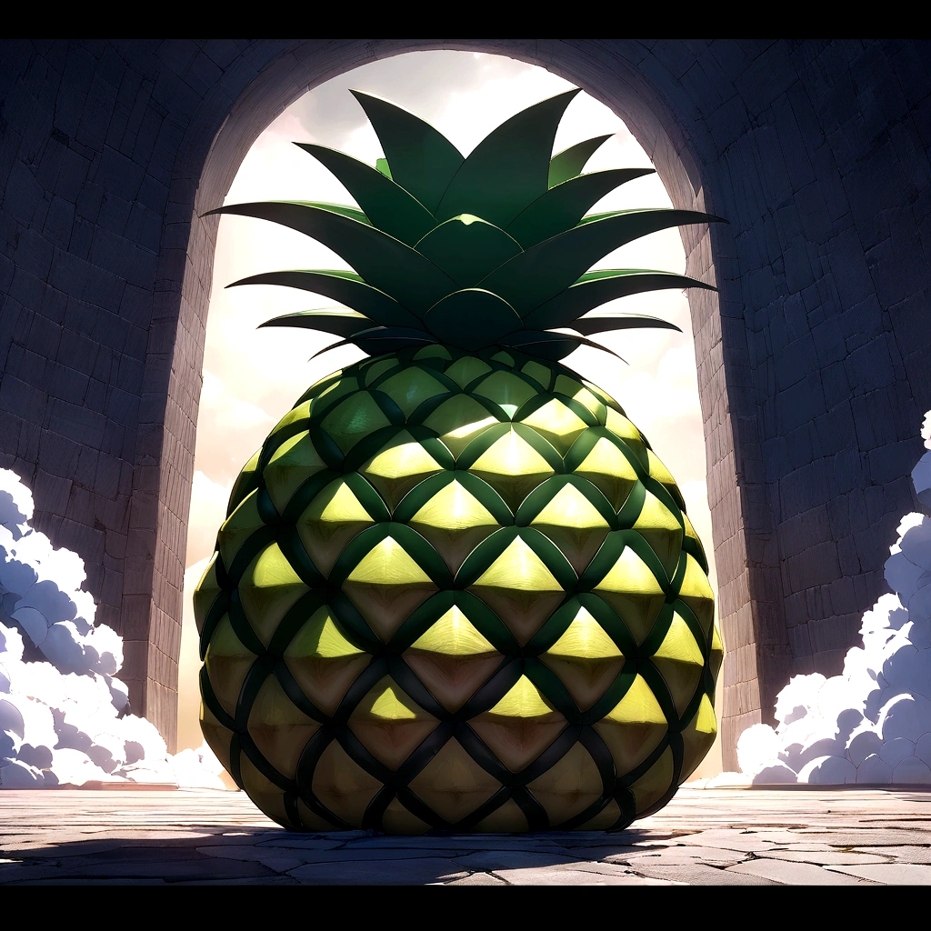 The fruit is shaped like a hammer, the size of a pineapple with a wide base that tapers slightly at the top. The surface of the fruit is covered in spiral patterns. The skin is hard and rough, as if made of a sturdy metal. The color is a dark shade of metallic gray, with subtle silver sparkles that reflect the light. On top of the fruit, there is a small leaf in the shape of a crossed hammer, with a dark green coloration. "Anime design inspired by One Piece, full of dramatic and impressive lighting, infused with creative details, ultra-fine 2D design, scenery bathed in creativity, boasting 2D anime resolution clarity, HD anime graphics, high-octane rendering."