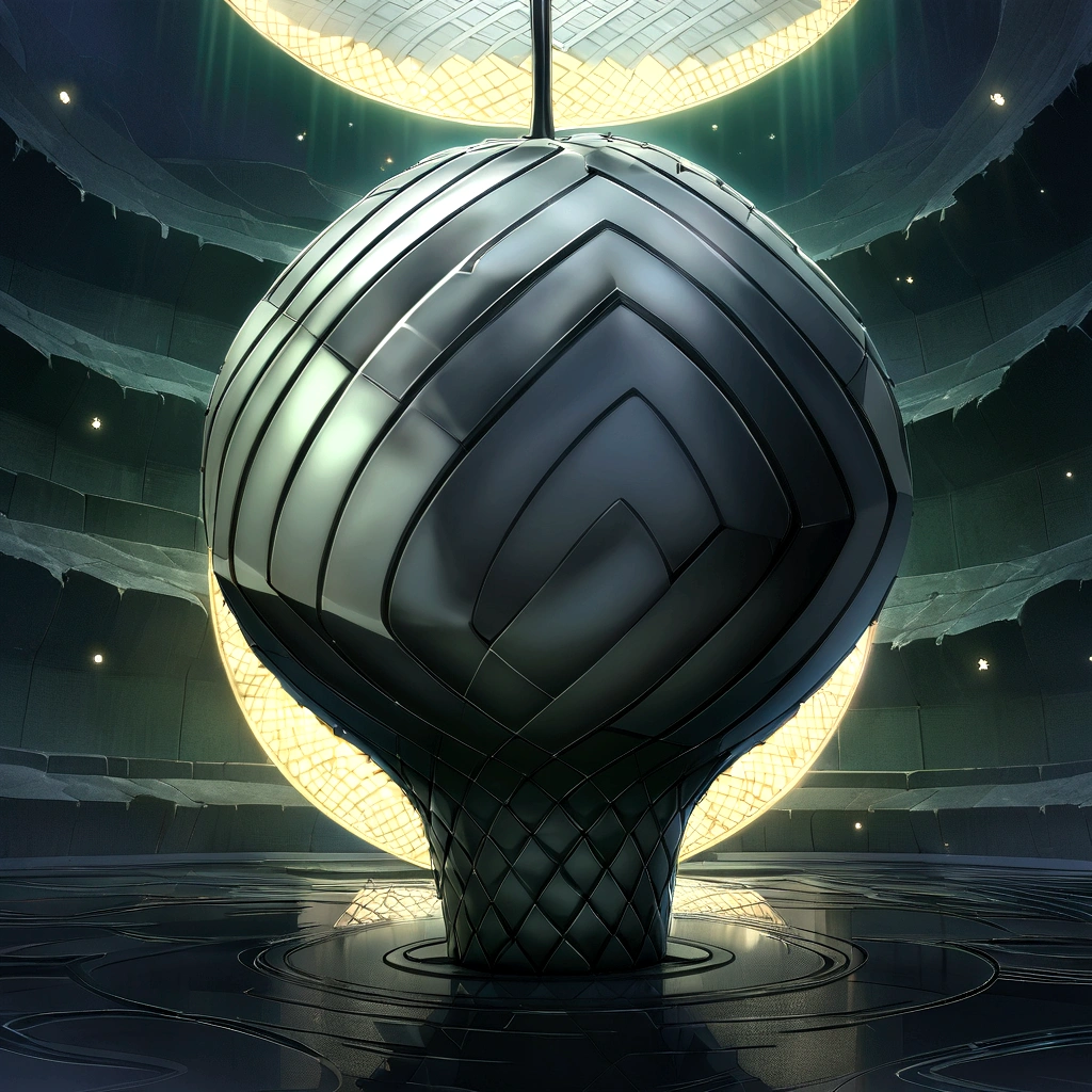 The fruit is shaped like a hammer, the size of a pineapple with a wide base that tapers slightly at the top. The surface of the fruit is covered in spiral patterns. The skin is hard and rough, as if made of a sturdy metal. The color is a dark shade of metallic gray, with subtle silver sparkles that reflect the light. On top of the fruit, there is a small leaf in the shape of a crossed hammer, with a dark green coloration. "Anime design inspired by One Piece, full of dramatic and impressive lighting, infused with creative details, ultra-fine 2D design, scenery bathed in creativity, boasting 2D anime resolution clarity, HD anime graphics, high-octane rendering."