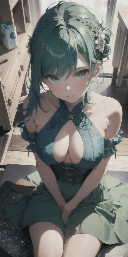 Ridiculous Resolutions, High resolution, (masterpiece:1.4), Very detailed,Blue-green hair,One girl, View from above, space, floating, - At six o'clock