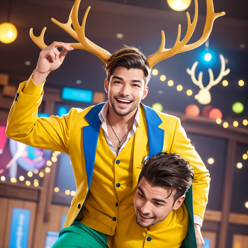 Create an image of a lively and charismatic man representing an MBTI entertainer (ESFP) type. He is wearing a bright yellow outfit that showcases his sociable and energetic nature. He has playful deer antlers growing from his head, adding a whimsical and entertaining touch to his appearance. The background should be a vibrant and festive setting that reflects his love for excitement and being the center of attention.