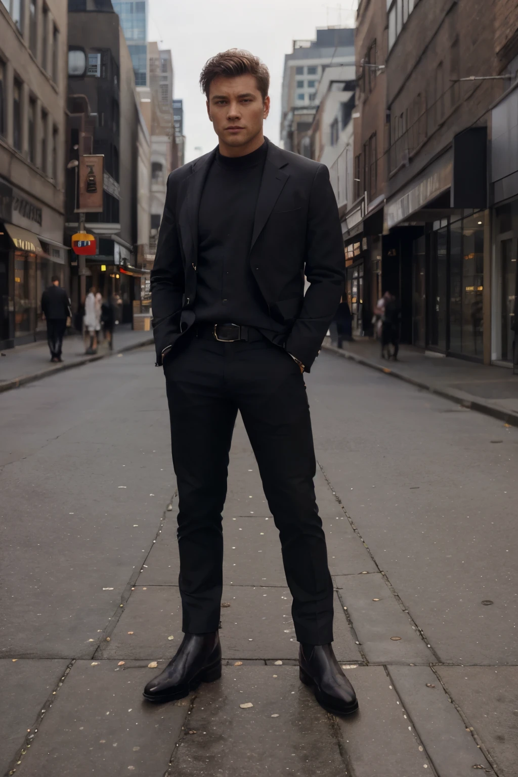 full body shot, man in city street, black boots, RMWilliams, wearing business suit